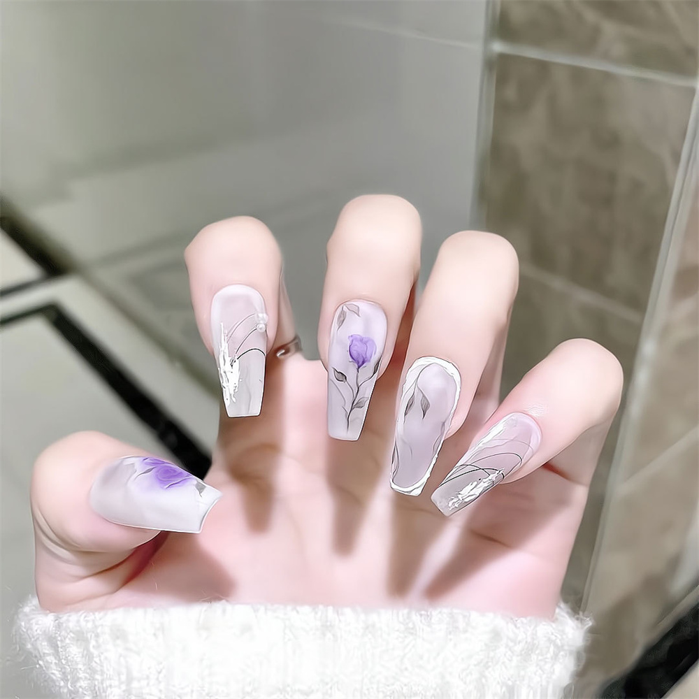 Wangy Reusable Purple Nail Art Artificial Nails Unique Trendy Pattern Nail Pieces Finger Nail DIY Decoration Women